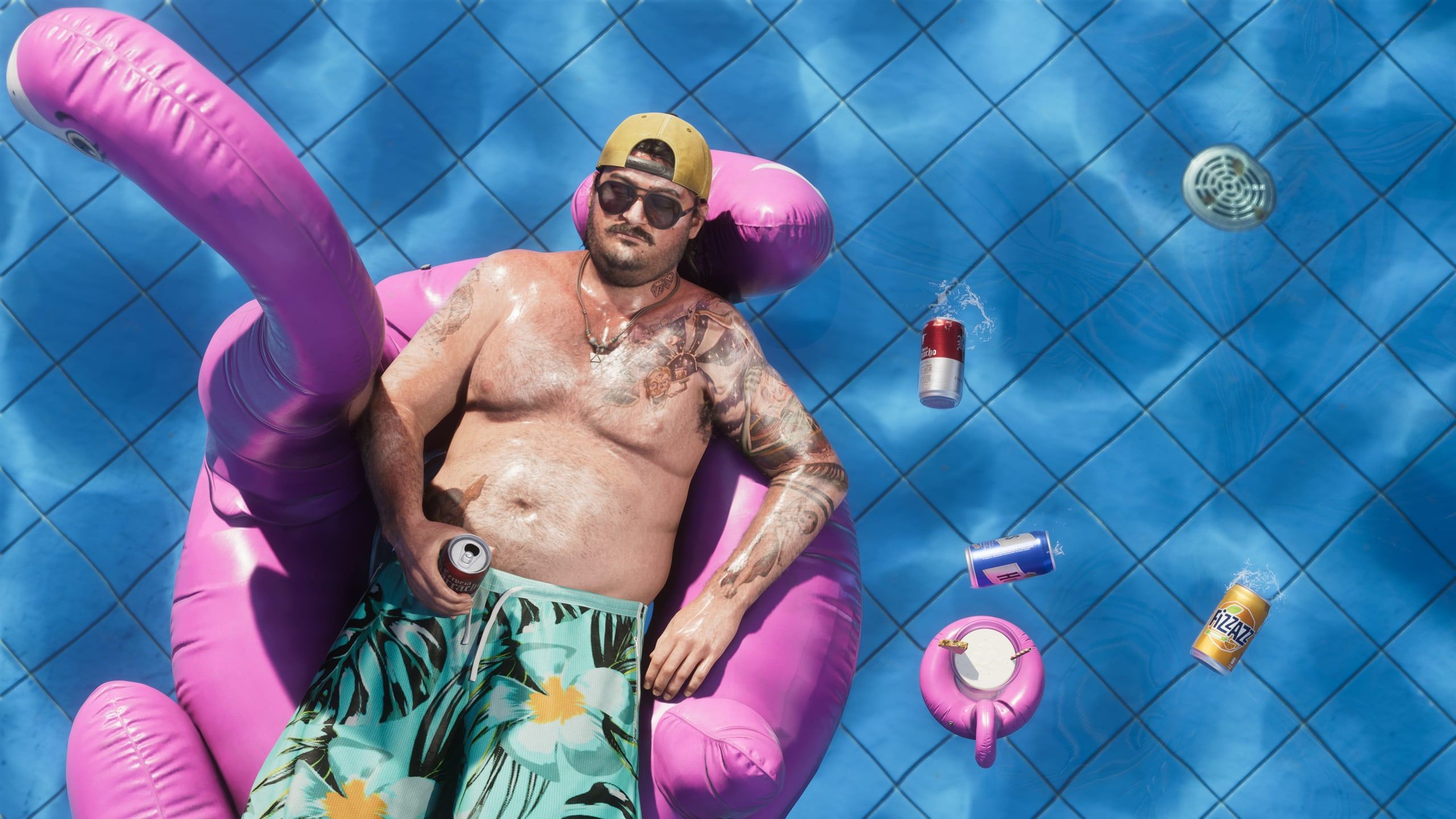 Cal floats on a flamingo in a pool, surrounded by beer cans.