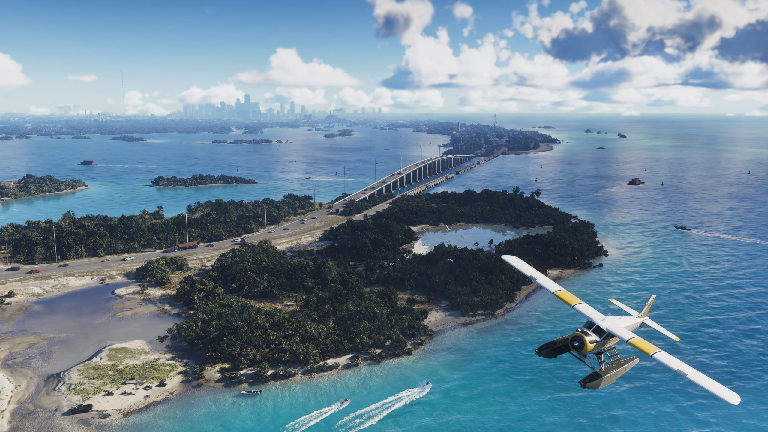 A seaplane flies over the Keys, with a bridge linking the islands below.