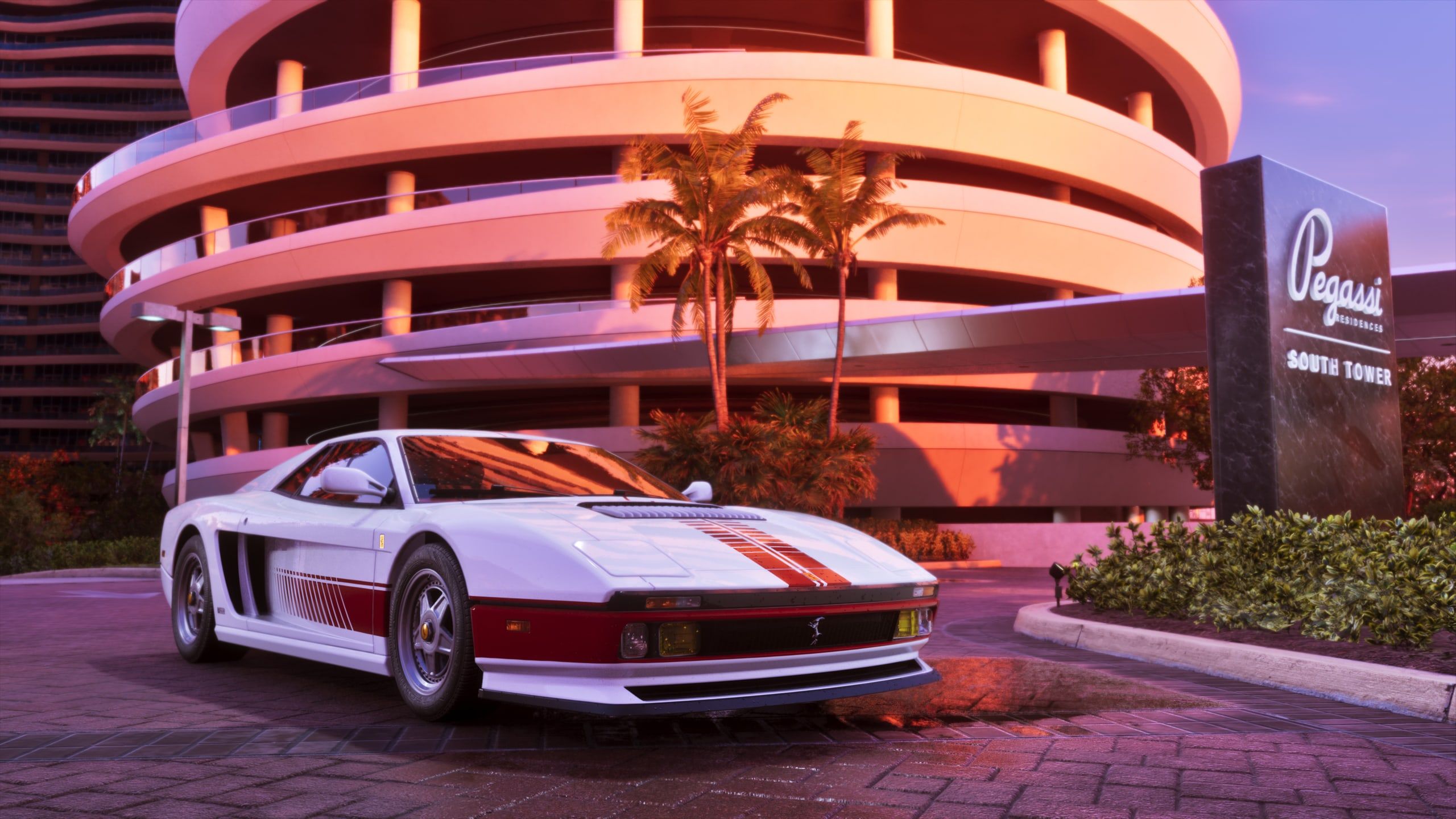 The ’95 Grotti Cheetah outside Pegasi South Tower at dusk.