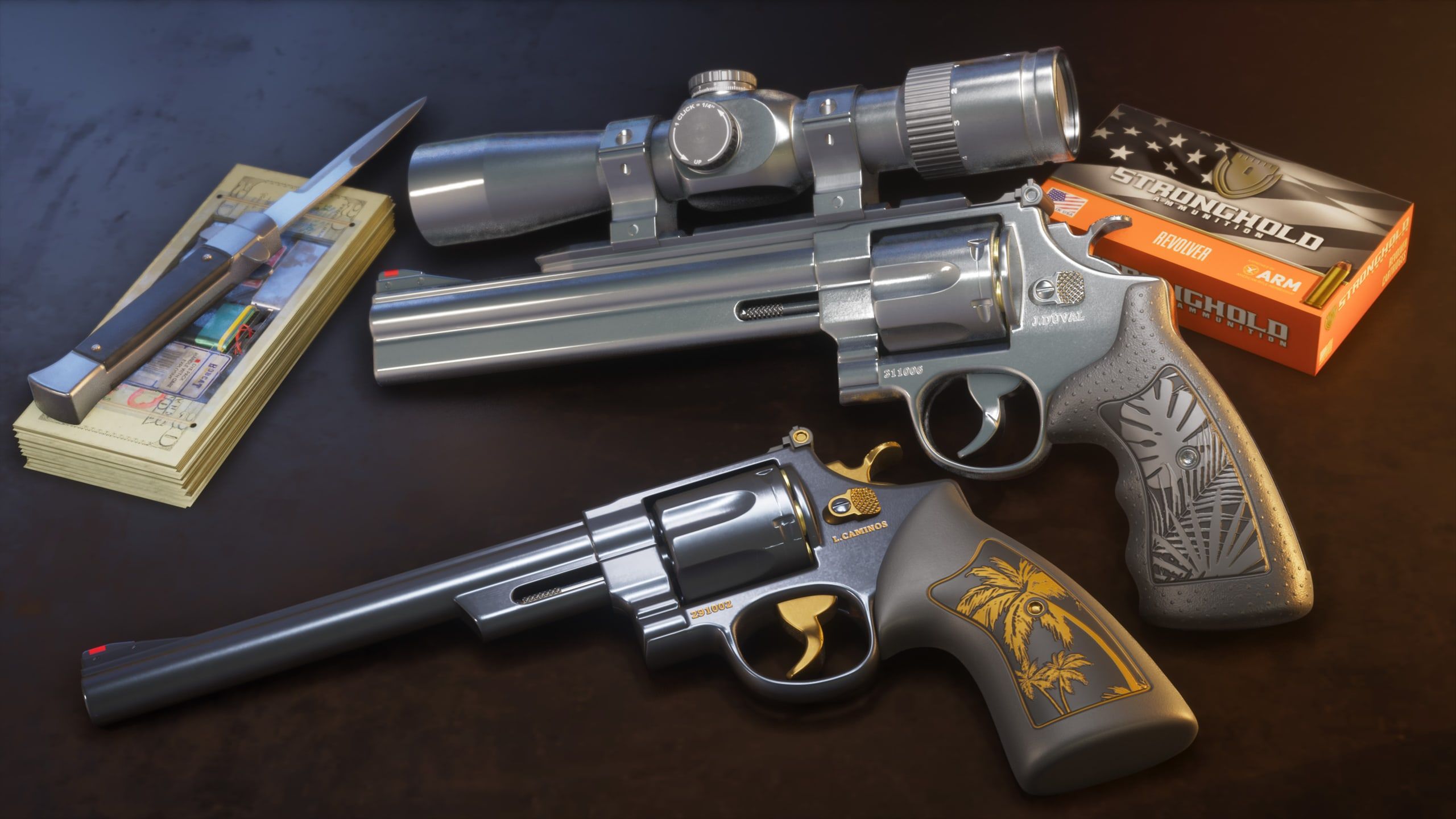 The Hawk & Little Morgan revolvers, with engraved palm-tree grips.