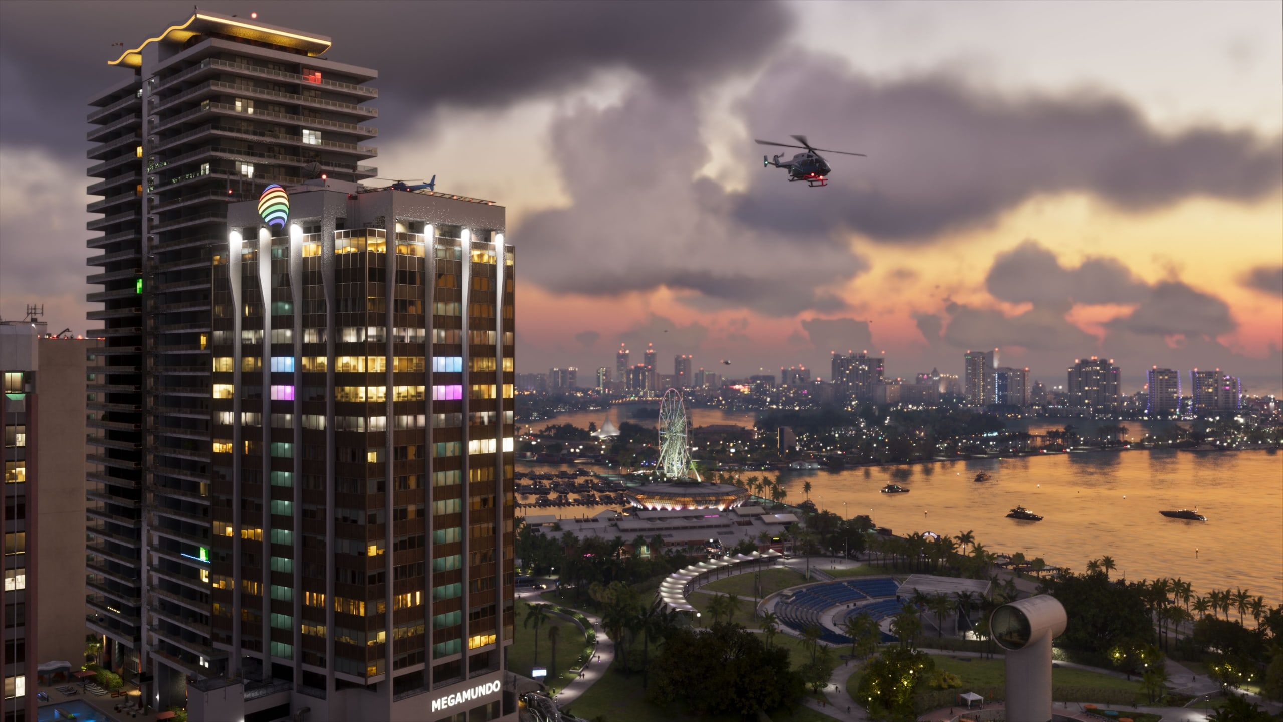 The Vice City skyline at sunset, with a helicopter over the bay.